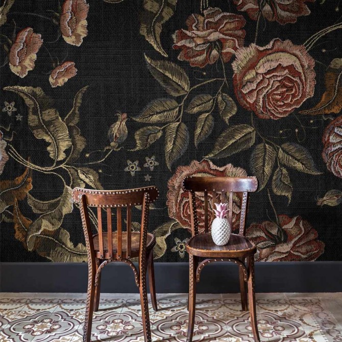 Mural Embroidery Flora Black Mural Embroidery Flora Black